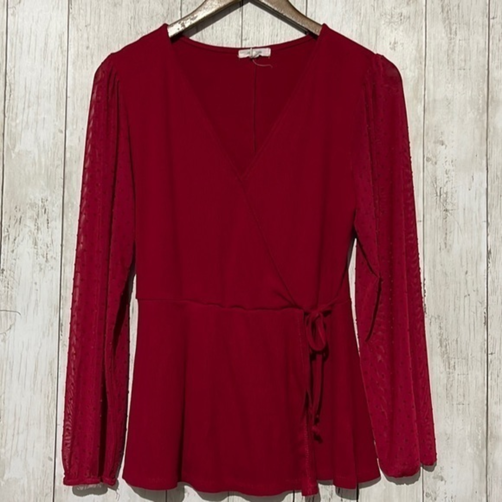 Maurices Medium Wrap Top Womens Red Swiss Dot Mesh Long Sleeve Ribbed Knit